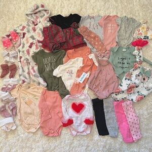 0-3 Month Baby Girl Clothes Lot - onesies, pants, matching sets, socks, bows